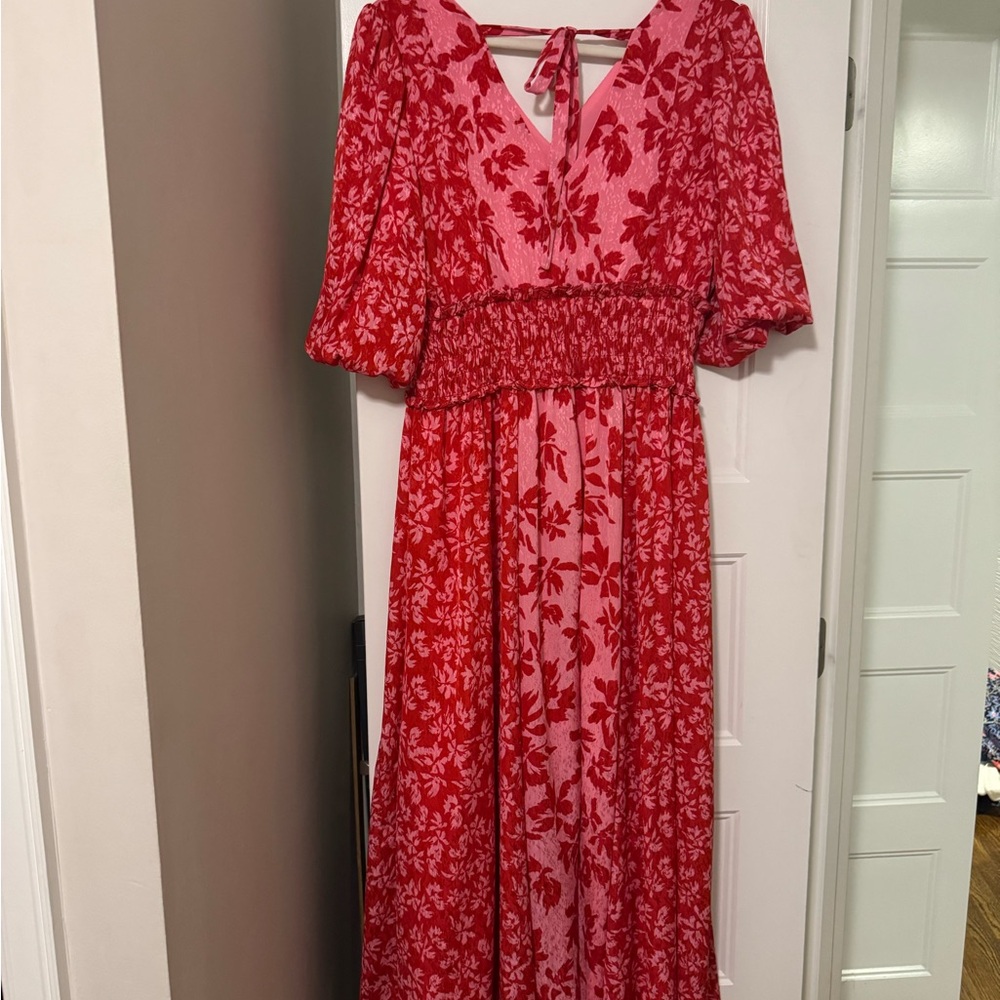 Taylor Pink&Red Smocked Maxi Dress with 1/2 Sleeves